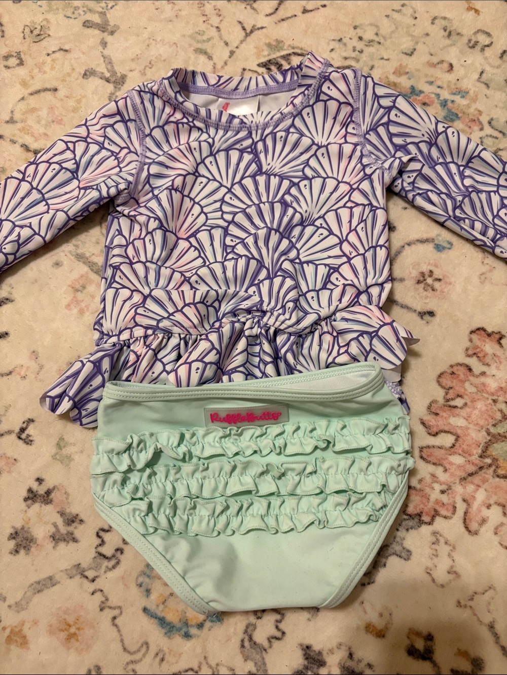 Ruffle Butts Purple Shell-Print Rash Guard with Mint Ruffle Swim Bottoms. 2T New